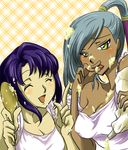  2girls apron bibirin blush breasts cecile_croomy cleavage code_geass dark-skinned_female dark_skin dark_skinned_female eyes_closed female food long_hair messy multiple_girls open_mouth ponytail purple_hair purple_lips silver_hair spoon villetta_nu yellow_eyes 