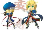  1boy 1girl arc_system_works bare_shoulders beret blazblue blazblue:_calamity_trigger blonde_hair detached_sleeves eyes_closed female gloves green_eyes hat jin_kisaragi kisaragi_jin male necktie noel_vermillion noran red_ribbon ribbon short_hair thighhighs 