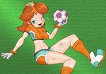  1girl alternate_costume ball blue_eyes breasts brown_hair crown dirty holding mario_(series) nintendo orange_hair princess princess_daisy soccer soccer_ball soccer_uniform solo sportswear super_mario super_mario_bros. super_mario_land super_mario_strikers sweat 