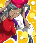  bibirin blush breasts code_geass dark-skinned_female dark_skin dark_skinned_female female gym_uniform hat jacket long_hair ponytail purple_lips silver_hair single_vertical_stripe solo uniform villetta_nu yellow_eyes 