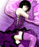  1boy beyond_birthday black_hair crossdress crossdressing death_note elbow_gloves gloves lingerie lowres male male_focus pillow red_eye red_eyes short_hair solo thighhighs trap underwear 