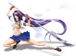  ahoge belly blue_eyes breasts cleavage fingerless_gloves footwear gloves hair_over_one_eye ikkitousen kan'u_unchou kanu_unchou long_hair midriff miniskirt navel panties polearm purple_hair school_uniform shoes skirt socks spear torn_clothes underwear very_long_hair wallpaper weapon 