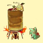  bad_pixiv_id chikorita chopsticks cyndaquil drum_(container) gen_2_pokemon mutton no_humans pokemon pokemon_(creature) spring_onion totodile 