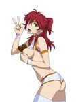  ass between_breasts breasts chocolate covering covering_breasts cowboy_shot earrings freckles gundam gundam_00 jewelry kizaki long_hair nena_trinity open_mouth red_hair shirt_lift simple_background solo thighhighs v white_background yellow_eyes 