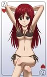  1girl awa bikini blush breasts cleavage erza_scarlet fairy_tail grey_eyes heart large_breasts legs_crossed long_hair midriff red_hair side_tie sitting smile solo swimsuit 