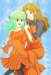  2girls brown_eyes dress female green_hair kuwabara_shizuru long_hair multiple_girls open_mouth orange_hair pantyhose red_eyes smile snow_woman tachibana_urara yu_yu_hakusho yuki_onna yukina_(yu_yu_hakusho) yuu_yuu_hakusho 