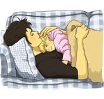  1boy 1girl black_hair blanket blonde_hair child couch eyes_closed full_house hug krn krrn male patterned_upholstery pillow plaid shirt sleeping sweater uncle_jessie 