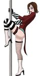  blue_panties borderlands coat green_eyes mad_moxxi panties pole striped_thighhighs 