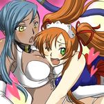  2girls bibirin bikini blush choker code_geass dark-skinned_female dark_skin dark_skinned_female elbow_gloves female gloves green_eyes long_hair lowres multiple_girls one-piece_swimsuit one_eye_closed one_piece_swimsuit open_mouth orange_hair shirley_fenette silver_hair swimsuit twintails villetta_nu wink yellow_eyes 