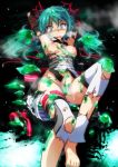  1girl armpits arms_up barefoot bdsm blue_hair bondage bottomless bound breasts constricted_pupils dissolving_clothes feet female hatsune_miku lying messy nipples on_back project_diva_(series) shoes_removed slime solo toes torn_clothes tsukishiro_saika vocaloid 