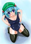  :o absurdres aqua_hair bad_id bad_pixiv_id blue_eyes blush breasts cameltoe cleavage hair_bobbles hair_ornament hat highres kawashiro_nitori kneeling medium_breasts one-piece_swimsuit school_swimsuit solo strap_lift swimsuit tera_hiroshi thighhighs touhou 