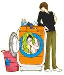  2boys black_eyes black_hair brown_hair death_note eye_contact indoors l l_(death_note) laundry_basket light looking_at_another lowres multiple_boys pants shirt short_hair shueisha simple_background squatting toothbrush transparent_background washing_machine yagami_light 