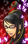  bayonetta bayonetta_(character) beauty_mark black_hair butterfly earrings eyeshadow female glasses gradient gradient_background hair_bun jewelry long_hair makeup mole pocapin pokapin_(kuehnel) red_ribbon ribbon solo wink 