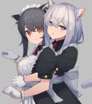  2girls animal_ear_fluff animal_ears apron black_hair blue_eyes cat_ears cat_tail commentary english_commentary gloves highres hug hug_from_behind jitome long_hair looking_at_viewer maid maid_apron maid_headdress multiple_girls orange_eyes original paw_pose puffy_short_sleeves puffy_sleeves short_hair_with_long_locks short_sleeves silver_hair simple_background tail upper_body white_gloves wozora 