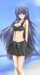  arms_behind_back baka_to_test_to_shoukanjuu beach bikini blue_eyes blue_hair breasts cleavage female hair_ornament hands_behind_back highres kirishima_shouko long_hair midriff navel outdoors skirt sky smile solo standing swimsuit very_long_hair 