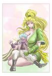  1boy 1girl barbariccia blonde_hair blue_hair boots breasts cape cleavage couple earrings edward_geraldine female final_fantasy final_fantasy_iv green_eyes green_lips japanese_clothes jewelry kimono kuu_(pixiv582427) large_breasts long_hair male ponytail short_hair shoulder_pads sitting very_long_hair 