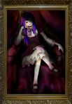  1girl blue_hair dress frame frederica_bernkastel long_hair portrait purple_eyes ribbon sitting solo throne umineko_no_naku_koro_ni 
