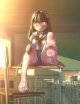  1girl barefoot brown_hair chalkboard classroom desk feet glasses green_eyes long_hair looking_at_viewer school_uniform serafuku shoes single_shoe soles sweat toes uwabaki 