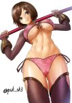  absurdres bra breasts brown_eyes brown_hair fingerless_gloves gloves headband highres large_breasts long_hair medium_breasts navel panties ponytail seong_mi-na simple_background solo soulcalibur soulcalibur_vi sowel_(sk3) underwear weapon 