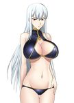  :o albino bare_shoulders breasts cleavage cleavage_cutout groin hand_on_hip large_breasts long_hair navel red_eyes selvaria_bles senjou_no_valkyria solo swimsuit white_hair 