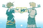  blue blue_eyes brown_hair darkness keyblade kingdom_hearts light male_focus multiple_boys roxas sora_(kingdom_hearts) yami-shin 