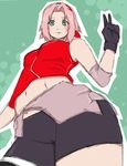  1girl alternate_breast_size arm_warmers artist_request bare_shoulders bike_shorts black_gloves blush breasts cameltoe elbow_gloves from_below gloves green_eyes hand_up haruno_sakura headband headdress light_smile looking_at_viewer looking_down miniskirt naruto naruto_shippuuden navel peace pink_hair pink_skirt red_shirt shirt short_hair short_shorts shorts shorts_under_skirt side_slit skin_tight skirt sleeveless sleeveless_shirt smile solo spandex v 