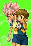  2boys aju_(semai) blue_eyes child goggles inazuma_eleven inazuma_eleven_(series) lowres male_focus multiple_boys pink_hair tachimukai_yuuki tsunami_jousuke wink 