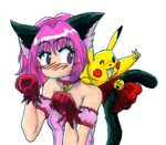  1girl animal_ears blush cat_ears cat_tail crossover mew_ichigo momomiya_ichigo pikachu pink_eyes pink_hair pokemon tail tokyo_mew_mew v 