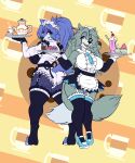  5:6 anthro avi big_breasts big_butt blue_body blue_fur breasts butt cafe canid canine canis clothing curvy_figure duo female fluffy fluffy_tail fur harriet_(harry_amoros) hi_res maid_apron maid_hat maid_uniform mammal moko_(artist) serving smile tail uniform voluptuous white_body white_fur wolf 