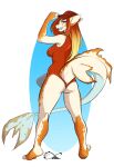  anthro blue_eyes butt butt_pose clothed clothing female fin fish grin hair hat headgear headwear hi_res katfishcom lifeguard marine one-piece_swimsuit orange_hair partially_clothed pose rear_view shark sharp_teeth simple_background smile solo swimwear tail tail_fin teeth tipping_hat 