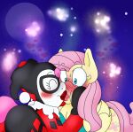  &lt;3 2015 batman_(series) blackbewhite2k7 blush bodily_fluids clothing costume crossover cutie_mark dc_comics digital_drawing_(artwork) digital_media_(artwork) duo earth_pony english_text equid equine eyes_closed female female/female feral fluttershy_(mlp) friendship_is_magic group hair harley_quinn hasbro hi_res holding_face holidays horn horse kiss_on_lips kissing lipstick makeup mammal mask moon my_little_pony pegasus pink_lipstick pinkie_pie_(mlp) plant poison_ivy pony red_lipstick smile sweat sweatdrop text wings yellow_body 