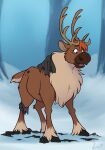  after_transformation antlers binturongboy capreoline clothing deer female feral hair hi_res horn mammal neck_tuft orange_hair outside plant purple_eyes reindeer smile snow solo torn_clothing tree tuft winter 