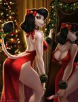  anthro big_breasts blood blood_on_hand bodily_fluids breasts butt canid canine canis christmas christmas_tree clothing domestic_dog dress female hi_res holidays knife mammal mirror plant poodle princess_(nicoya) reflection solo tree weapon yurai 
