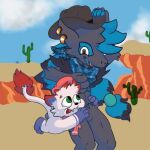  1:1 anthro bandanna bandanna_scarf belu_miranda_(artist) belu_miranda_(character) cactus clothing cowboy_hat desert duo embrace feral generation_1_pokemon generation_5_pokemon gold_earring hat headgear headwear hisuian_form hisuian_zorua hug hugging_from_behind hybrid kai_mew-(character) kerchief legendary_pokemon low_res male male/male mew_(pokemon) muscular muscular_male nintendo plant pokemon pokemon_(species) regional_form_(pokemon) zoroark 