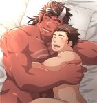  abs asian_mythology bed_sheet bedding big_muscles body_hair broken_horn brown_hair chest_hair chest_scar demon duo east_asian_mythology embrace eyes_closed facial_scar fangs fantastic_boyfriends:_legends_of_midearth hair holding_partner horn hug human human_on_humanoid humanoid humanoid_pointy_ears interspecies intimate japanese_mythology larger_humanoid larger_male light lying male male/male mammal muscular muscular_humanoid muscular_male mythology not_furry nude ogre oni open_mouth orgus pecs pillow red_body romantic romantic_couple scar size_difference sleeping smaller_human smaller_male sunfight0201 sunlight teeth yokai yuji_ono 