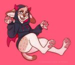  2022 4_toes 5_fingers anthro big_ears bottomless clothed clothing feet felid feline female fingers hi_res hood_up hoodie horn mammal open_mouth samaella simple_background solo toes topwear wings 