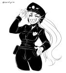  2018 animal_humanoid clothing eyes_closed female fish fish_humanoid hair hand_on_hip hi_res humanoid long_hair marine marine_humanoid monochrome police police_badge police_hat police_uniform sem-l-grim sharp_teeth simple_background smile solo standing teeth undertale undertale_(series) undyne uniform 