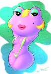  2018 absurd_res amphibian animal_crossing anthro areola bikini blonde_hair camel_toe clothed clothing digital_media_(artwork) eyeshadow female frog gigi_(animal_crossing) green_clothing green_eyeshadow green_swimwear hair hands_behind_back hi_res lipstick makeup markings mole_(marking) navel nintendo pink_lipstick portrait purple_areola purple_body purple_skin signature sirredbenjamin sling_bikini solo swimwear three-quarter_portrait wide_hips 