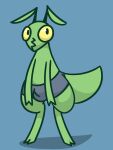  3:4 aliasing antennae_(anatomy) anthro arthropod blue_background boxers_(clothing) boxers_only bulge clothed clothing digitigrade furgonomics gandergeist grasshopper green_body hi_res insect looking_at_viewer male orthopterid shaded shadow simple_background simple_shading solo standing topless underwear underwear_only wide_hips yellow_eyes 