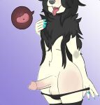  anthro balls bat black_body black_fur black_hair black_nose blue_nails blush clothed clothing colored_nails drayx erection fur genitals hair hair_covering_face hi_res legwear male mammal nails panties partially_clothed penis simple_background solo stockings tongue underwear white_body white_fur 