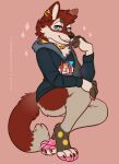  2021 4_toes absurd_res anthro bottomless canid canine clothed clothing collar feet hi_res hoodie hoodie_only jfet male mammal pawpads samaella simple_background sitting smile solo toes topwear topwear_only 