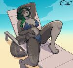  anthro beach beach_chair bikini braided_hair breasts clothed clothing female fur green_hair grey_body grey_fur hair katfishcom mammal marine outside partially_clothed pinniped reclining relaxing seal seaside slightly_chubby smile solo swimwear tail tattoo thick_tail thick_thighs 