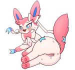  &lt;3 &lt;3_eyes :3 anus bedroom_eyes blush bodily_fluids breath cute_fangs eeveelution female feral fur generation_6_pokemon genital_fluids genitals hi_res looking_at_viewer lying narrowed_eyes nintendo on_side open_:3 open_mouth park_horang pink_body pink_fur pokemon pokemon_(species) presenting presenting_pussy pussy pussy_juice seductive simple_background solo sweat sylveon thick_thighs white_background white_body white_fur 