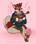  2022 anthro blush bottomless canid canine clothed clothing collar featureless_crotch hi_res hoodie hoodie_only jfet male mammal musical_instrument musical_note pawpads samaella simple_background sitting solo tail tail_motion tailwag topwear topwear_only 