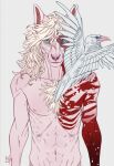  2019 anthro artist_name blue_eyes dated duo exposed_flesh feathered_wings feathers feral front_view glistening glistening_eyes gore hair half-length_portrait hi_res long_hair looking_at_viewer male mouth_closed nude pink_beak pink_body portrait red_body red_stripes riorix simple_background species_request standing striped_arms stripes white_background white_body white_feathers white_hair white_wings wings 