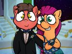  2022 4:3 banned_from_equestria big_brian biped black_tie_(suit) bow_tie braces braided_hair brown_hair clothed clothing digital_media_(artwork) dress duo ear_piercing ear_ring earth_pony equid equine female feral green_eyes hair hasbro horse jewelry male male/female mammal mlp_g5 my_little_pony night orange_body piercing pixel_(artwork) pony purple_hair red_body ring_piercing satchel sluttershy style_emulation suit sunny_starscout_(mlp) yellow_eyes 