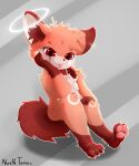  anthro canid canine child cute_eyes fox fur halo hi_res hybrid jewelry male mammal nachitamajr necklace paws piercing pink_body pink_fur red_ear red_eyes red_paws red_tail simple_background sitting solo tail text tongue tongue_out white_body white_fur young 