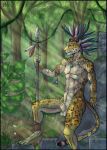  absurd_res animal_genitalia anthro aztec balls feathers felid foskybleu genitals gold hi_res jaguar jungle light light_beam male mammal melee_weapon muscular nude pantherine polearm sheath solo spear sunbeam sunlight tribal warrior weapon 