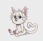  2019 anthro artist_name black_collar blep blue_eyes chibi closed_smile collar dated domestic_cat felid feline felis full-length_portrait fur glistening glistening_eyes hair hand_on_leg looking_at_viewer male mammal mouth_closed nude pawpads portrait red_inner_ear red_nose red_pawpads red_tongue riorix simple_background sitting solo three-quarter_view tongue tongue_out white_background white_body white_ears white_fur white_hair 