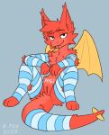  anthro armwear blep blush blush_lines clothing dragon female fur genitals hi_res legwear looking_at_viewer mr.albafox msi msi_dragon_lucky pussy solo tongue tongue_out wings 